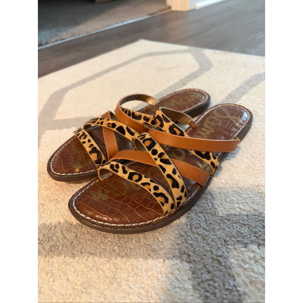 Sam Edelman Giana Leopard Calf Hair Strappy Slide Sandals Tan Leather Size 8.5